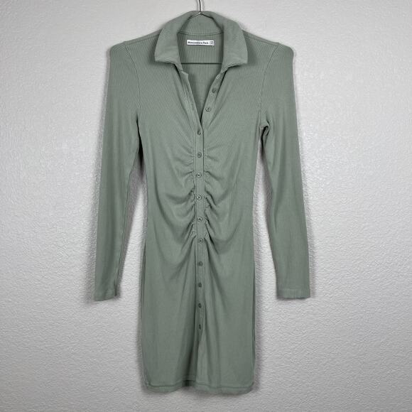 Abercrombie & Fitch Green Ribbed Shirt Dress Green Size XXS Ruched Knit - Picture 2 of 8